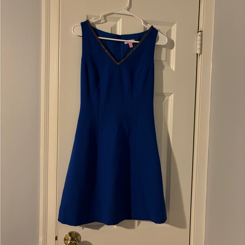 Lilly Pulitzer Royal Blue V-Neck Mini Dress with Gold Details